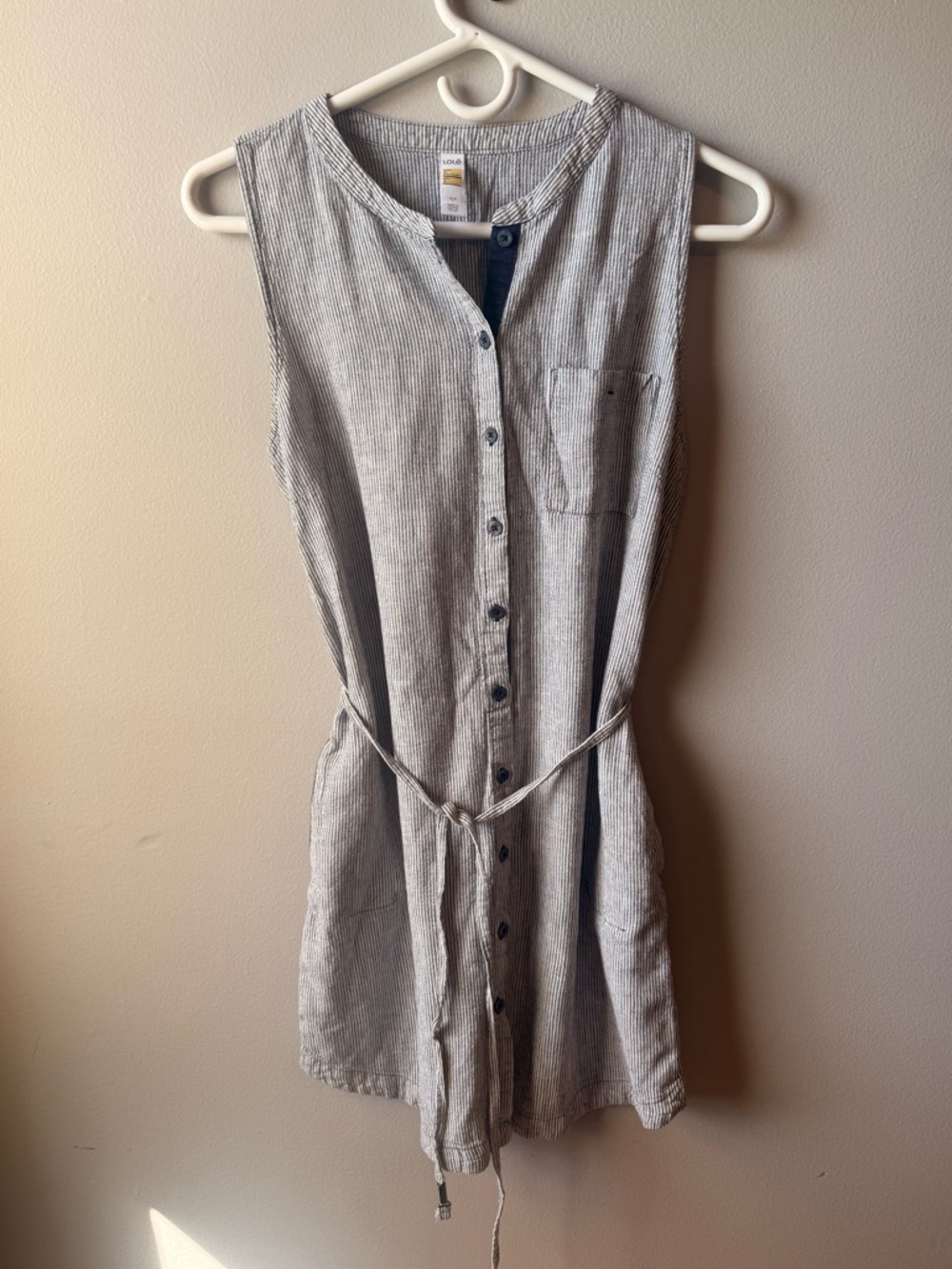 Lolë Casual Linen Dress Pinstripe Button up with Tie Waist - Navy/Gray